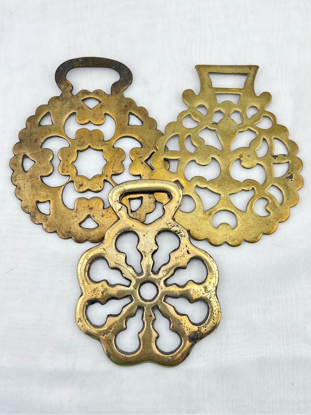 Brass Horse Medallion Antique English Fleur Open Geo Keyhole Lot of 3 Harness
